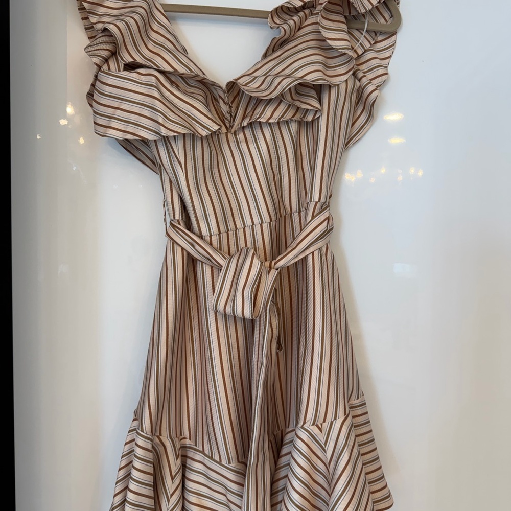 Zimmermann Beige and Brown Striped Ruffle Mini Dress - Picture 2 of 6
